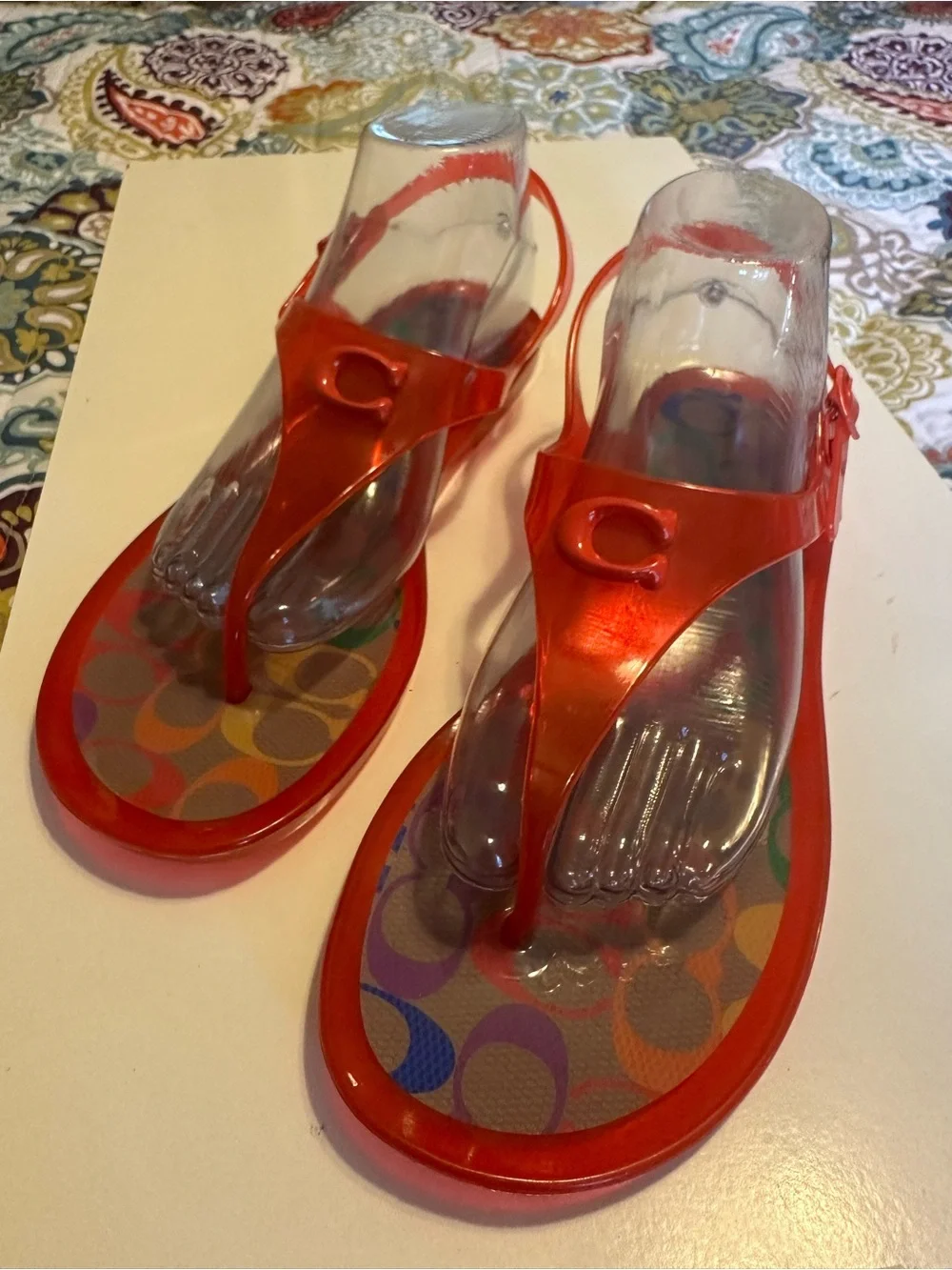 Coach Red Jelly Thong Sandals with Multi Color Signature C Footbed Sz 10